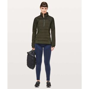 LULULEMON ATHLETICA dark olive Down For It All 3/4 zip down feather pull over